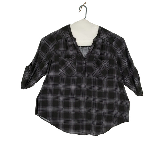Torrid Woman's Harper Gray Plaid Roll up Sleeve Size 3=3X=22-24 V Neck 2 Pockets - Picture 1 of 9